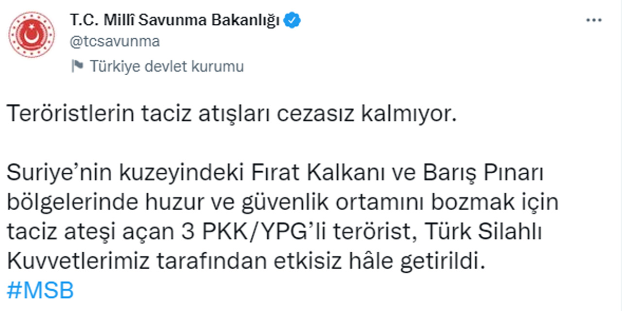 Son dakika! MSB duyurdu: 3 terörist etkisiz hale getirildi